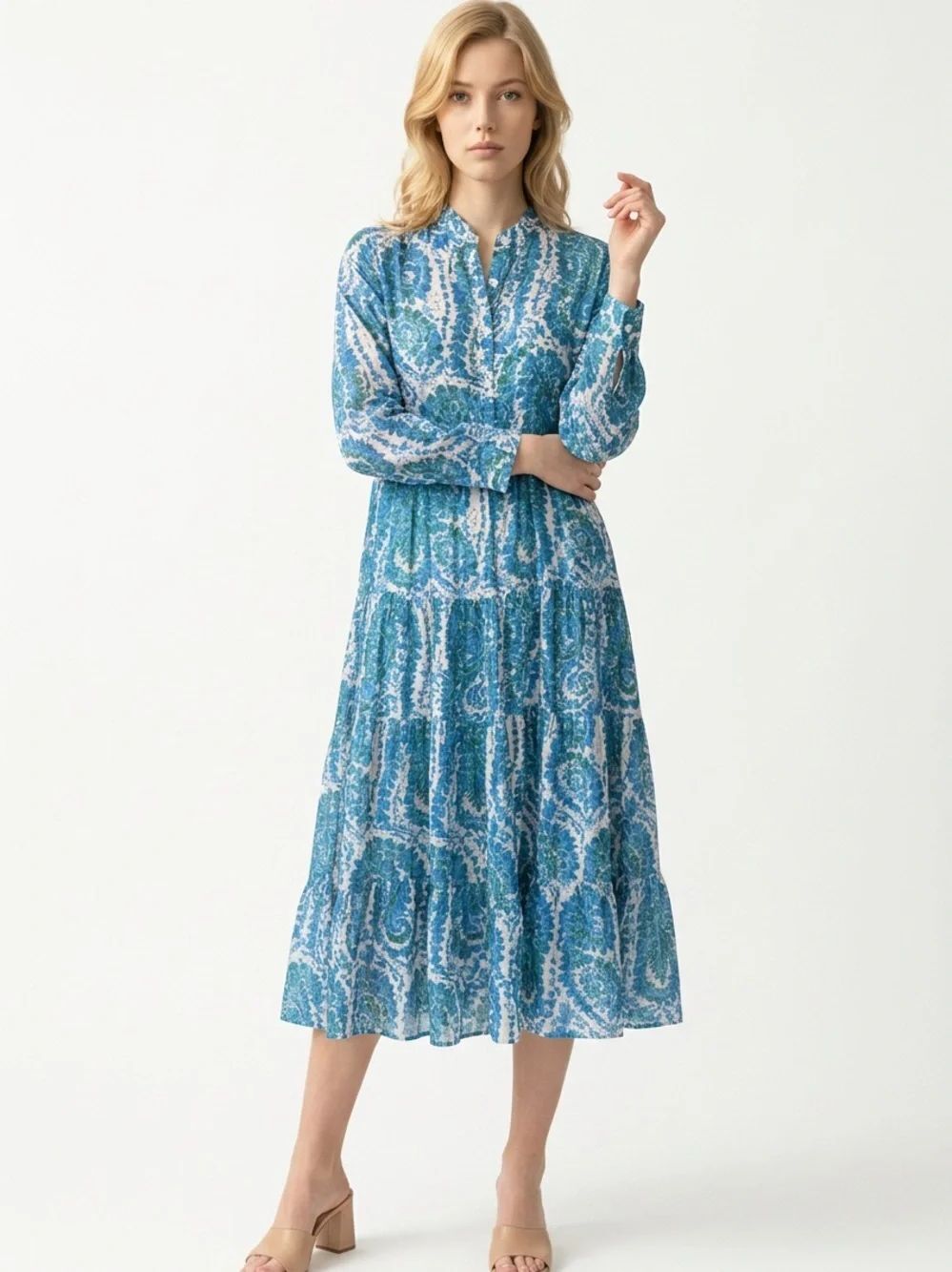 CHOKLATE PARIS | Blue Green Printed Tiered Long-Sleeve Midi Dress Women’s Size S
